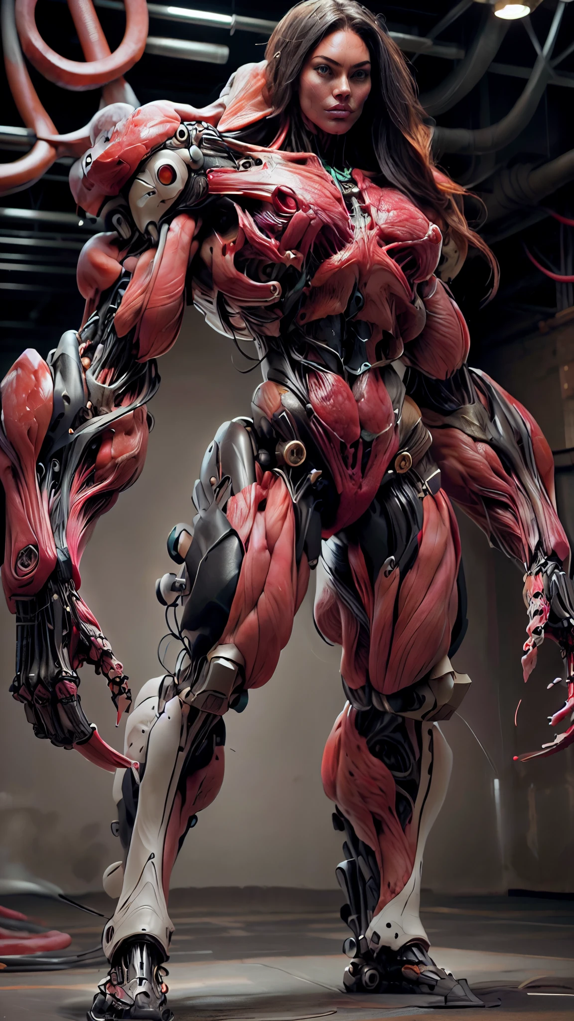 (1 girl), (megan fox:1.25), (muscular android girl wearing a black red anatomic bio-mecha cybernetic muscle suit:1.25), (wide shoulders:1.25), (muscular defined physique:1.25), (large breasts), perfect hands, (long hair:1.25), looking at viewer, high resolution image, extreme detail, blank background