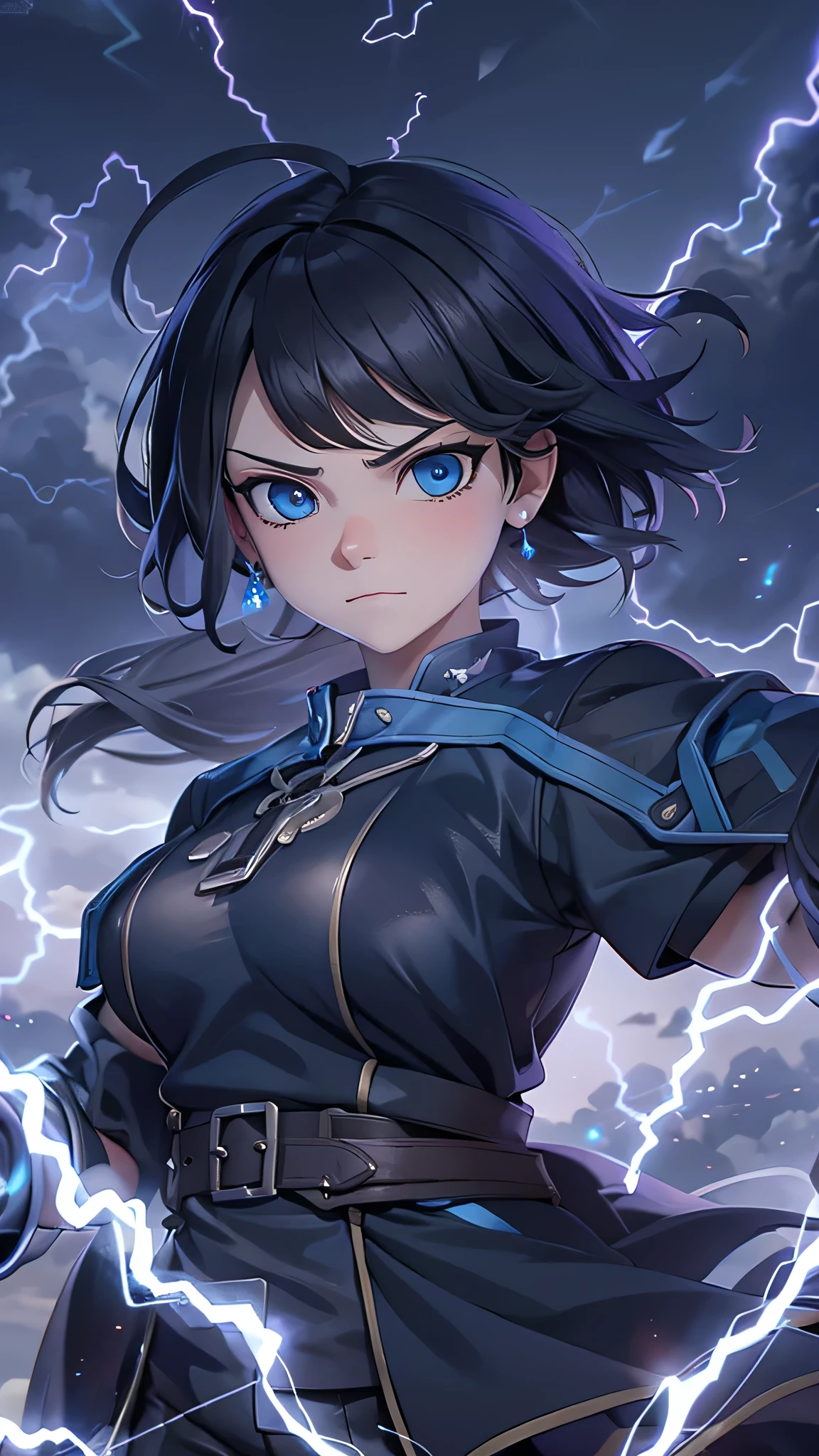 1girl, highly detailed, masterpiece, best quality, correct hands, small breasts, short black hair, blue eyes, black robe, black pants, blue shirt, purple vest, defined curves, smug look, satisfied look, mountain background, storm, lightning, stormy atmosphere, flying, floating above the ground, surrounded by lightning, static sparks, holding a sword