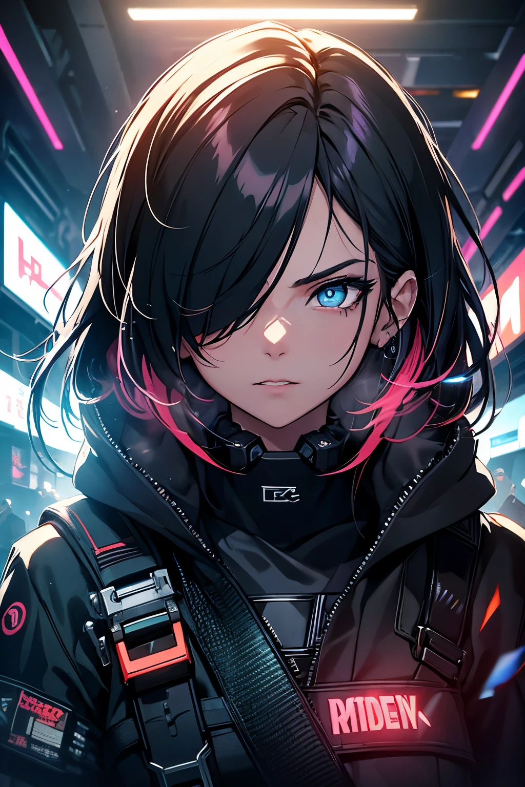 Wearing cyberpunk complex streetwear, beautiful, girl, detailed portrait, 4 K, bright colors, concept art, cinematic dramatic atmosphere, sharp focus, volumetric lighting, cinematic lighting, studio quality, long fringe above one eye, brightfull eyes,
