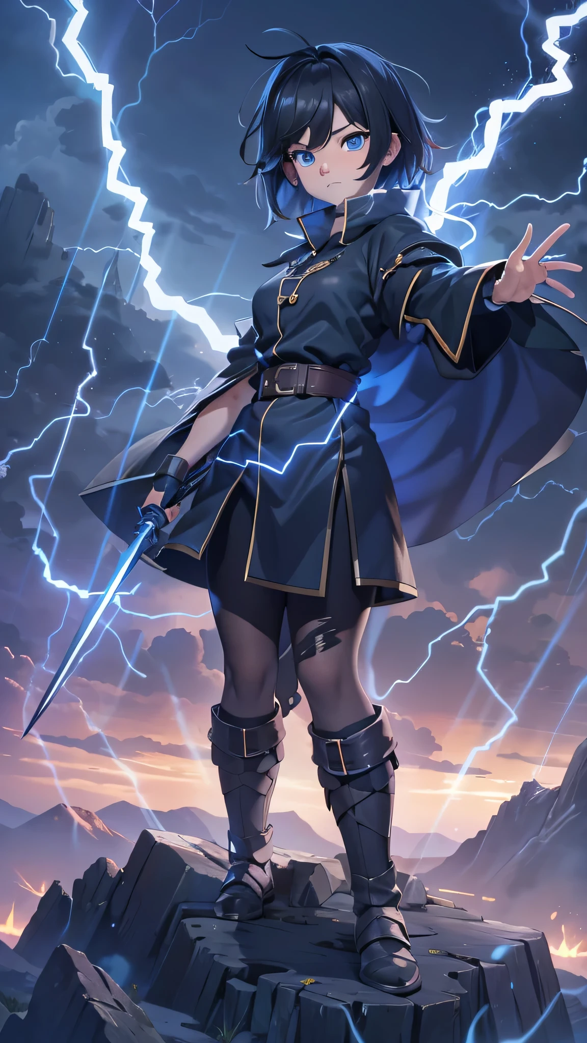1girl, highly detailed, masterpiece, best quality, correct hands, small breasts, short black hair, blue eyes, black robe, black pants, blue shirt, purple vest, defined curves, smug look, satisfied look, mountain background, storm, lightning, stormy atmosphere, flying, floating above the ground, surrounded by lightning, static sparks, holding a sword