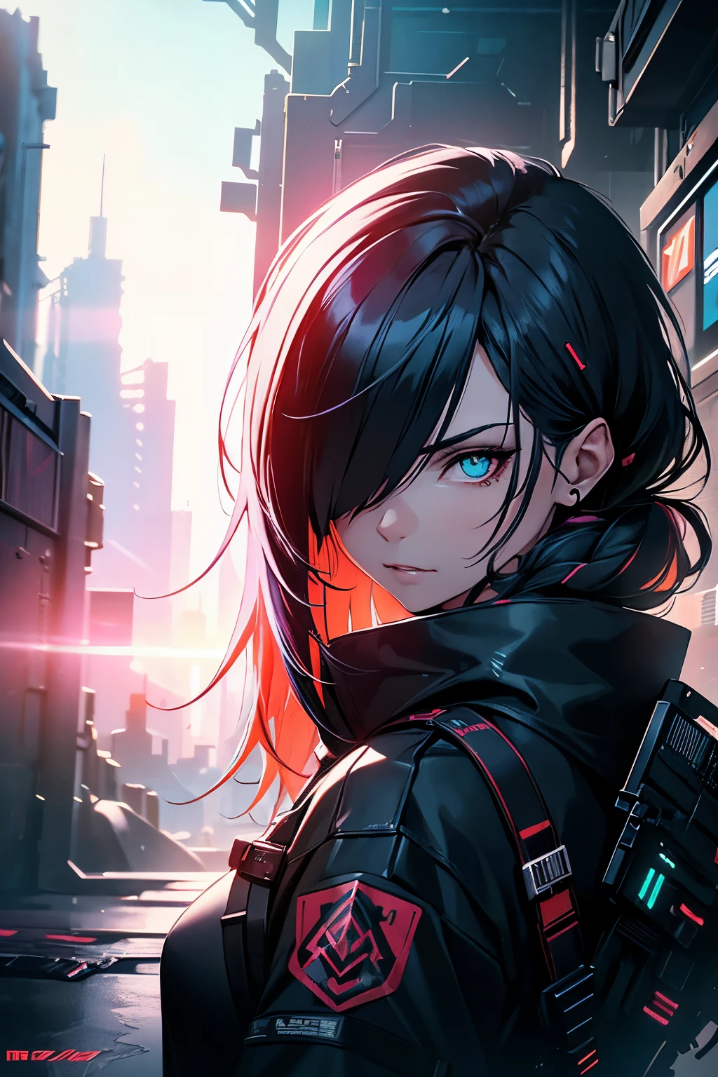 Wearing cyberpunk complex streetwear, beautiful, girl, detailed portrait, 4 K, bright colors, concept art, cinematic dramatic atmosphere, sharp focus, volumetric lighting, cinematic lighting, studio quality, long fringe above one eye, brightfull eyes,