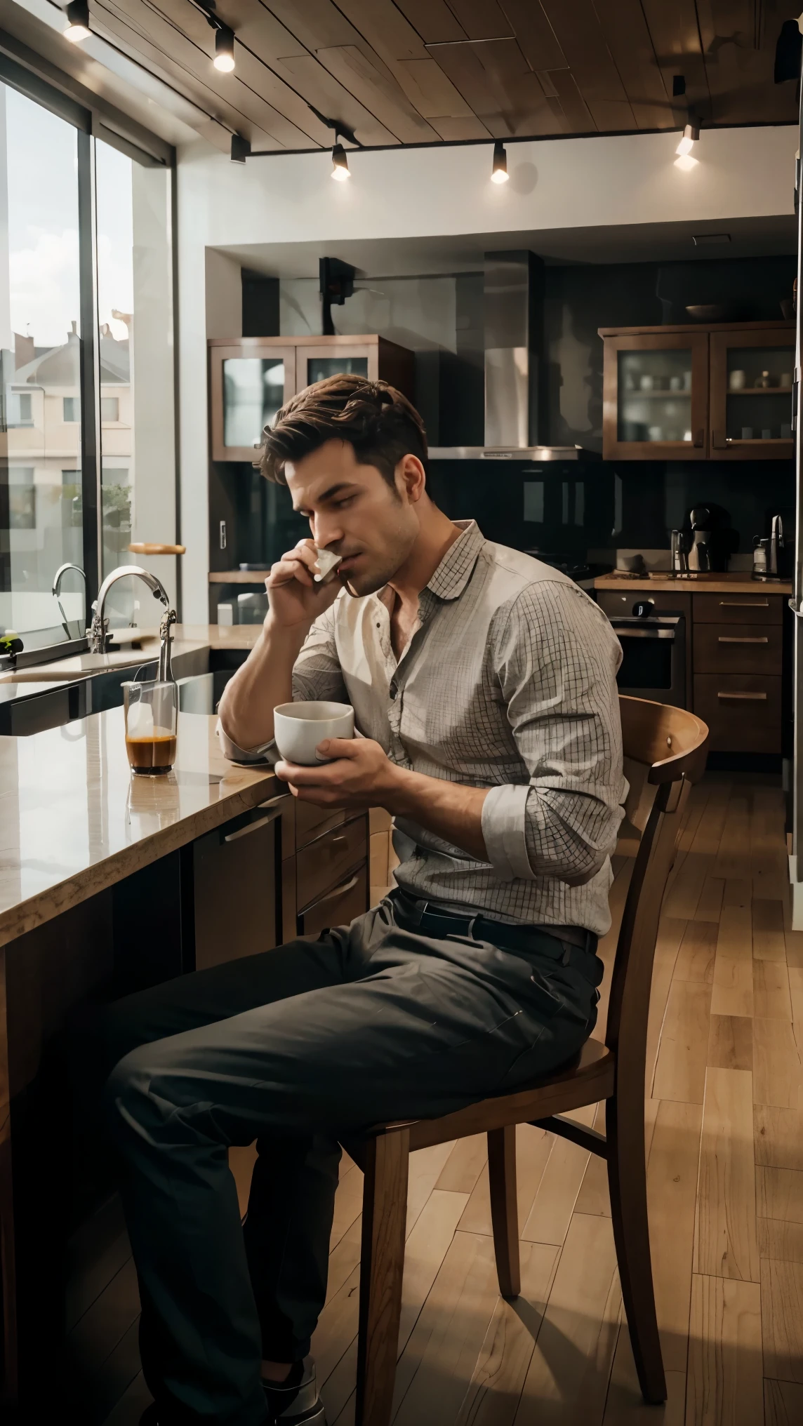 A man sits on a chair drinking coffee. with a smoky kitchen in the background