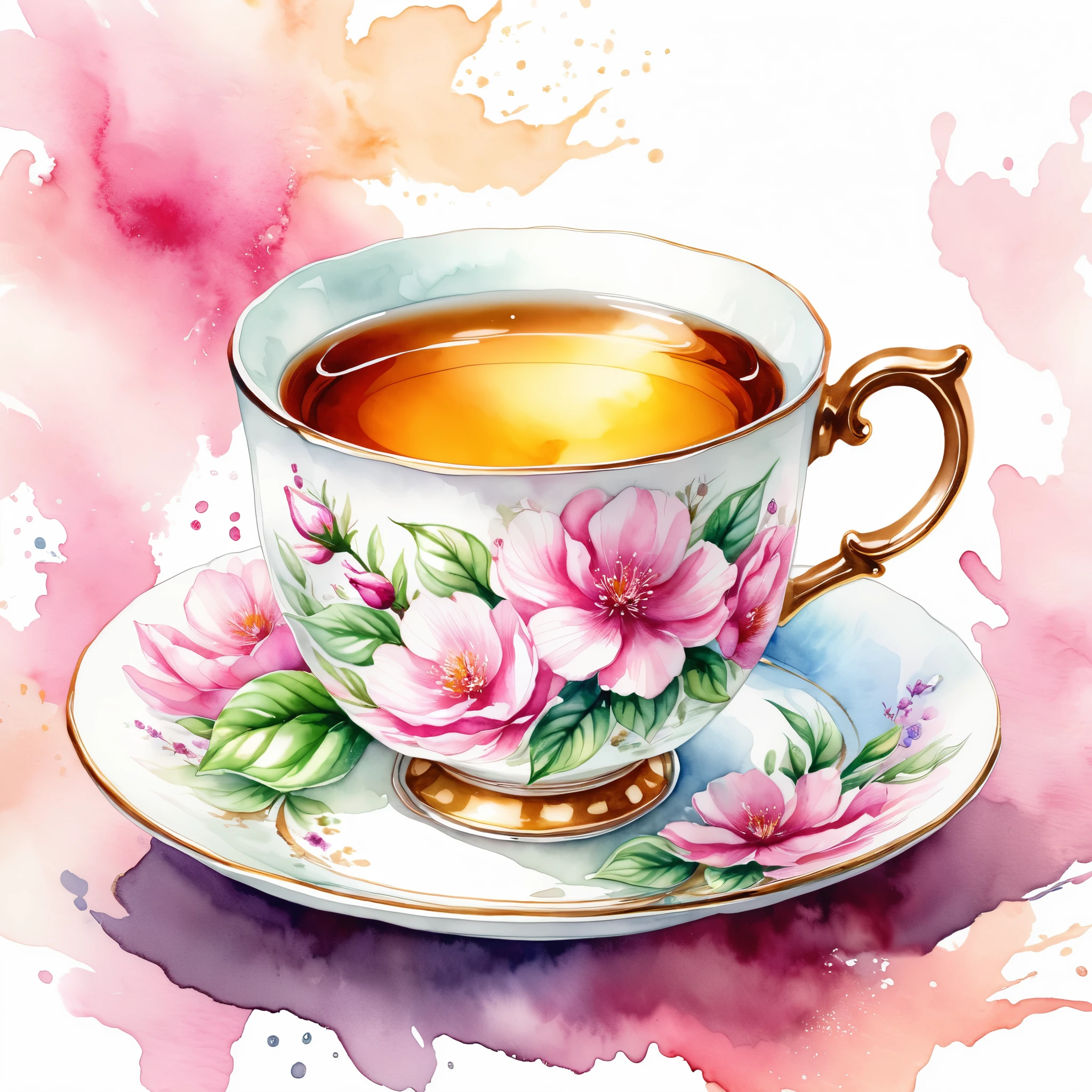  watercolor style, tea cup, high quality, 8K Ultra HD, Detailed illustration, tones of white and pink, highly detailed, awesome full color 