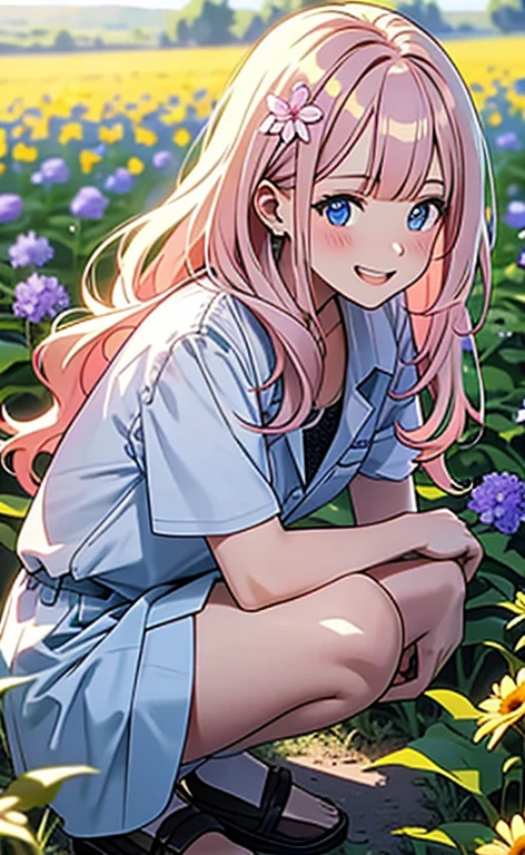 (masterpiece:1.4、top-quality、illustration:,realistic、)、(character focus、,cowboy shot:1.3)、(1girl),(very loud laugh:1.3),(),cute face,blue eyes、(tareme:1.3)、(),
(flower field:1.4),(squatting:1.4)、(),、
(pink blonde hair),(very long hair:1.5)、
,(Flower Field:1.3、),(white camisole dress:1.5),
(blunt bangs),(,sidelocks,wavy hair:1.3), (small breasts)、
、slender、
