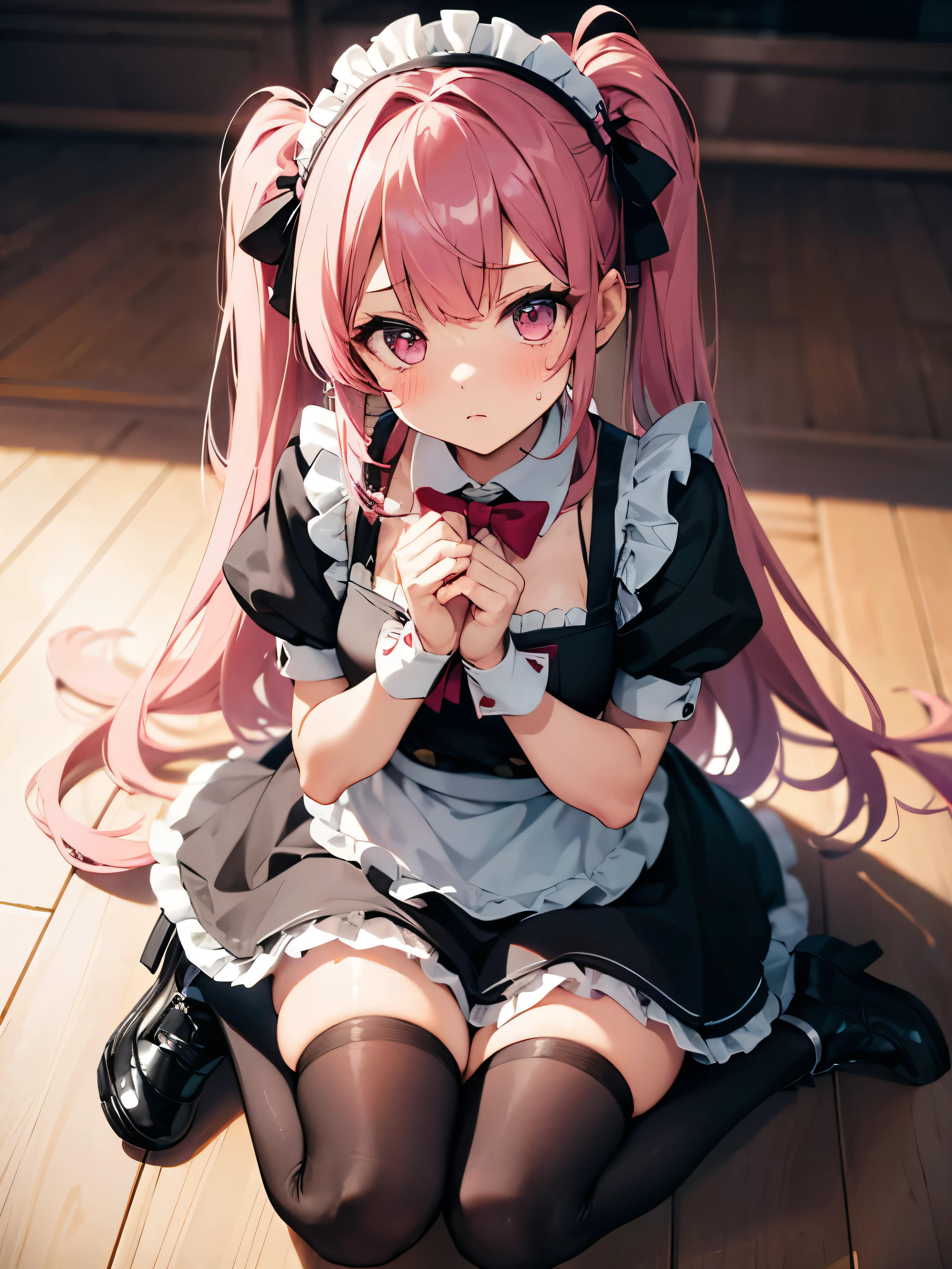 One girl, apron, bow, cube hair ornaments, dress, Frills, dark (Performance), hair ornaments, heart, heart hands, Long Hair, avert your eyes, Maid, Maid apron, Maid headdress, Mary Jane, One side up, Pink Hair, Shadowed face, shoes, short dress, alone, Sweat drops, Knee socks, white Knee socks, zettai ryouiki,