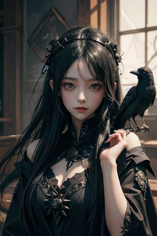 there is a woman with a bird on her shoulder, with long hair and piercing eyes, dark fantasy mixed with realism, 1 7 - year - old anime goth girl, cute face. dark fantasy, raven black hair, black hair and large eyes, by Yang J, artwork in the style of guweiz, dreamy gothic girl, with a real crow on her arm, red rose, red gorgeous accessories