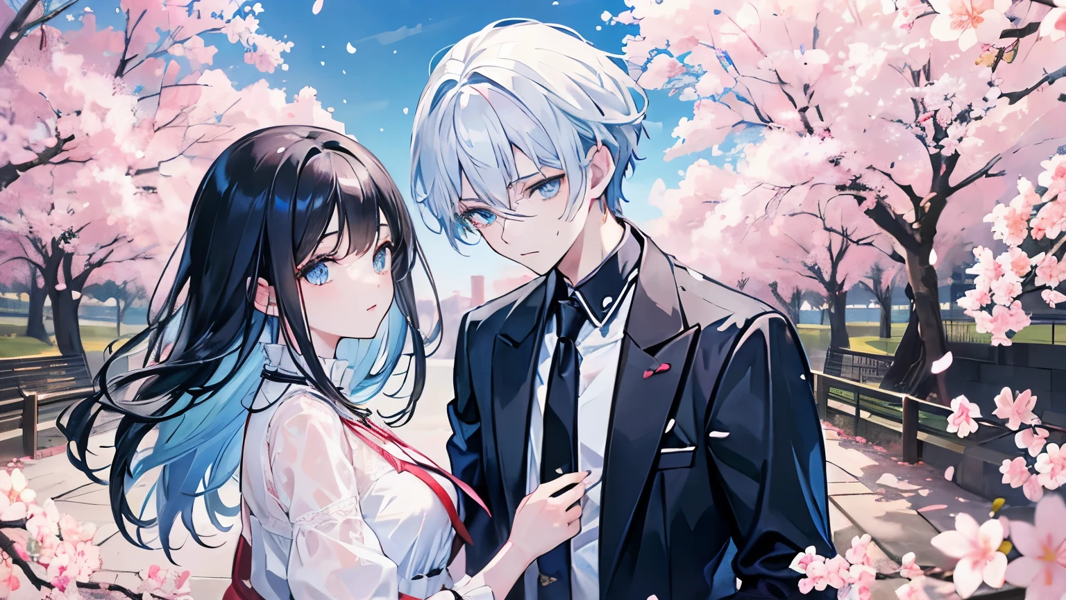 4K photo of a young woman and a 17 year old man A woman with black hair and light blue eyes, a man with white hair and gray eyes, wearing a . Confessing love to each other Under the cherry blossom tree