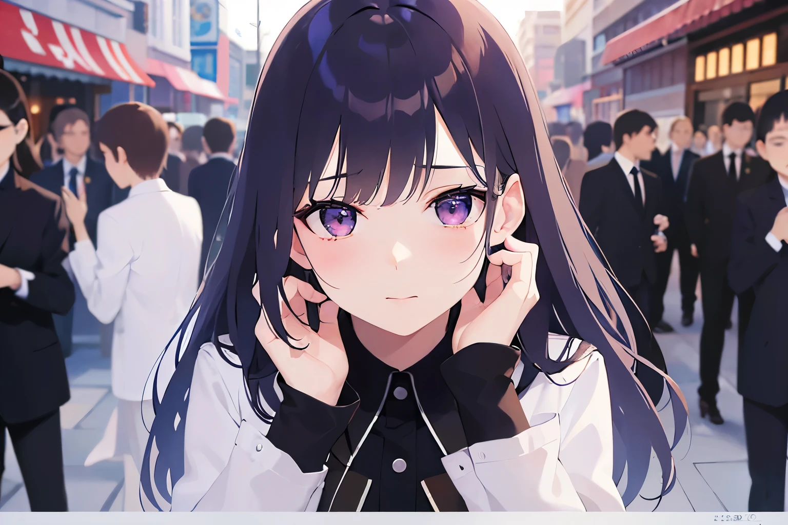 highest quality、masterpiece、 Realistic, real person, (pale skin: 1.2), RAW photo, photorealistic, shiny skin, shiny hair、(A 26-year-old woman with straight hair and bangs) and (medium hair) and (black hair) and (purple eyes) ,(Business casual attire:1.2) 、(worried:1.5)and(Pale face:1.2)and(Crying face),(hands on own face:1.5)and(Biologically beautiful5Finger), The background is the station platform.、Alone、Are standing、Shooting from the front
