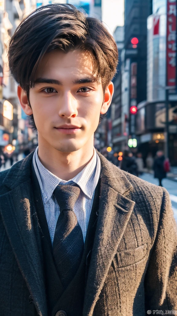 Photorealsitic, 8K full body portrait, a handsome, 20-year-old man, A charming expression, detailed face details, TOKYOcty, Winters, Shibuya in the background