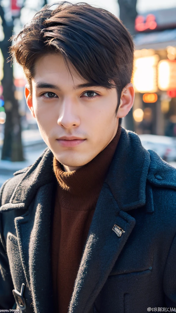 Photorealsitic, 8K full body portrait, a handsome, 20-year-old man, A charming expression, detailed face details, TOKYOcty, Winters, Shibuya in the background