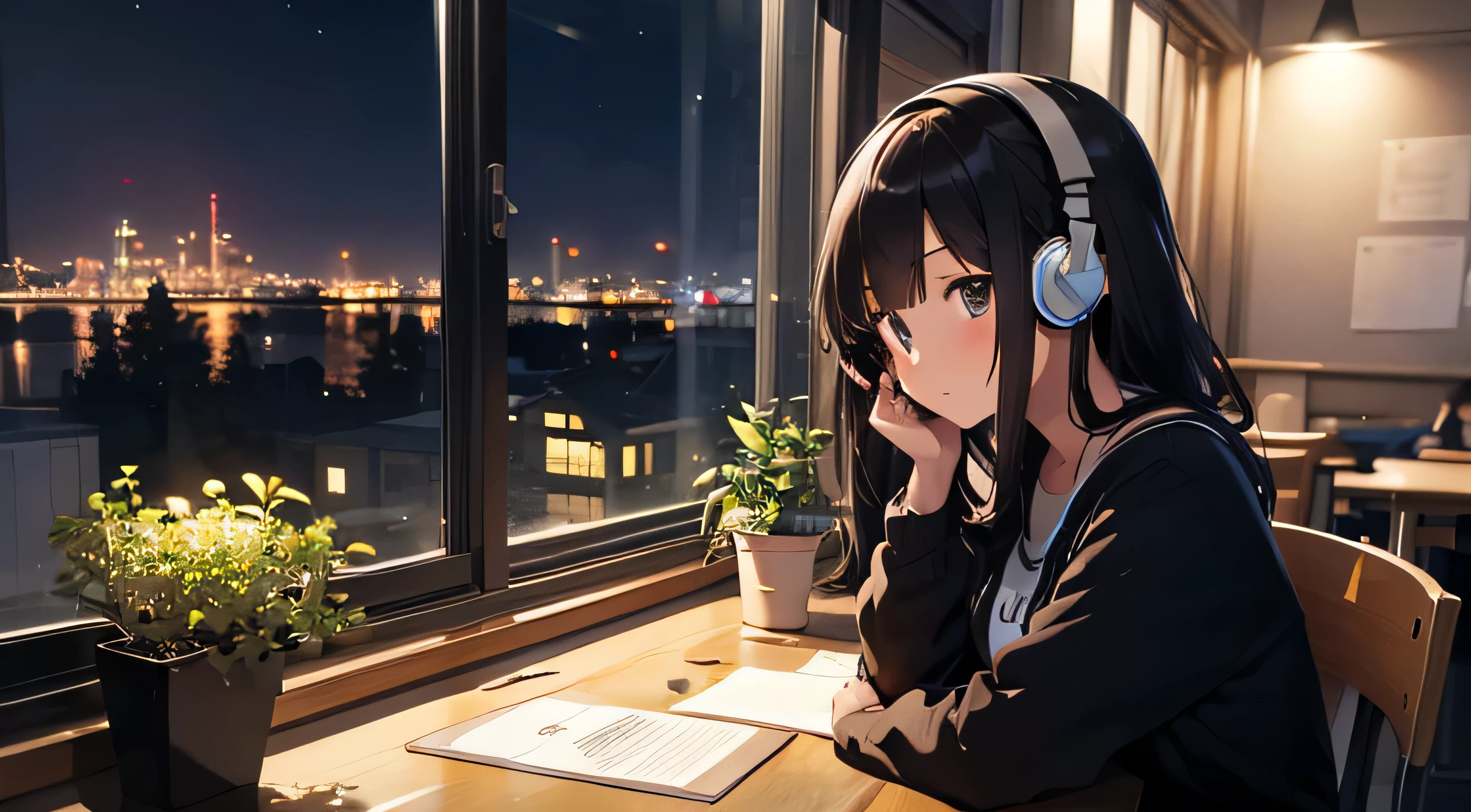 A beautiful girl studying at a desk with headphones on、Night view from the window、Foliage plant、coffee、illumination