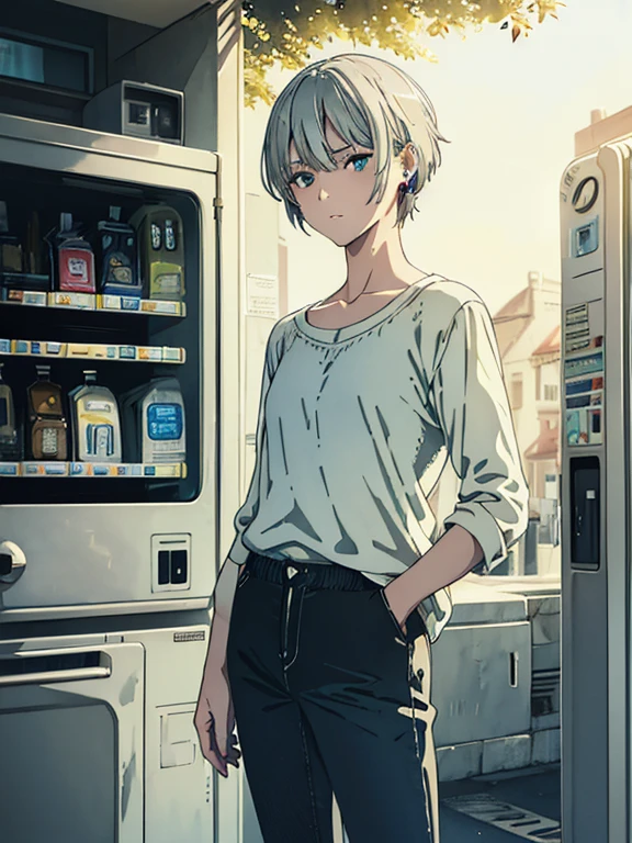 masterpiece, highest quality, High resolution,alone,Silver Hair, Small earrings,short hair, outside,Artistic,An illustration,Line art,Aqua Eye,morning,Best lighting,sun,casual, Pants Style,Flat Chest,watercolor,Beautiful Face,expensive,A woman standing in front of a vending machine,clavicle