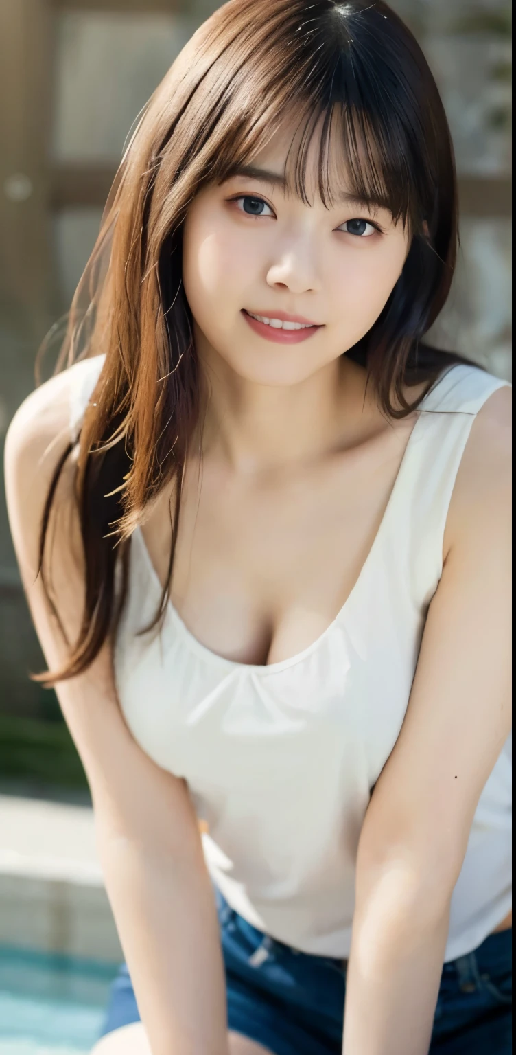 (8k), (highest quality: 1.2), (Realistic), (Realistic: 1.37), Ultra-high resolution, 1 girl, Head to knee photo、cute, smile, Mouth closed, Beautiful details, Beautiful Nose, whole body, Wet Hair, Giant Dulcefo, pork, , Large Breasts、Saggy breasts、Soft Breasts、Voluptuous thighs、Odd Eye、Heterochromia iridis