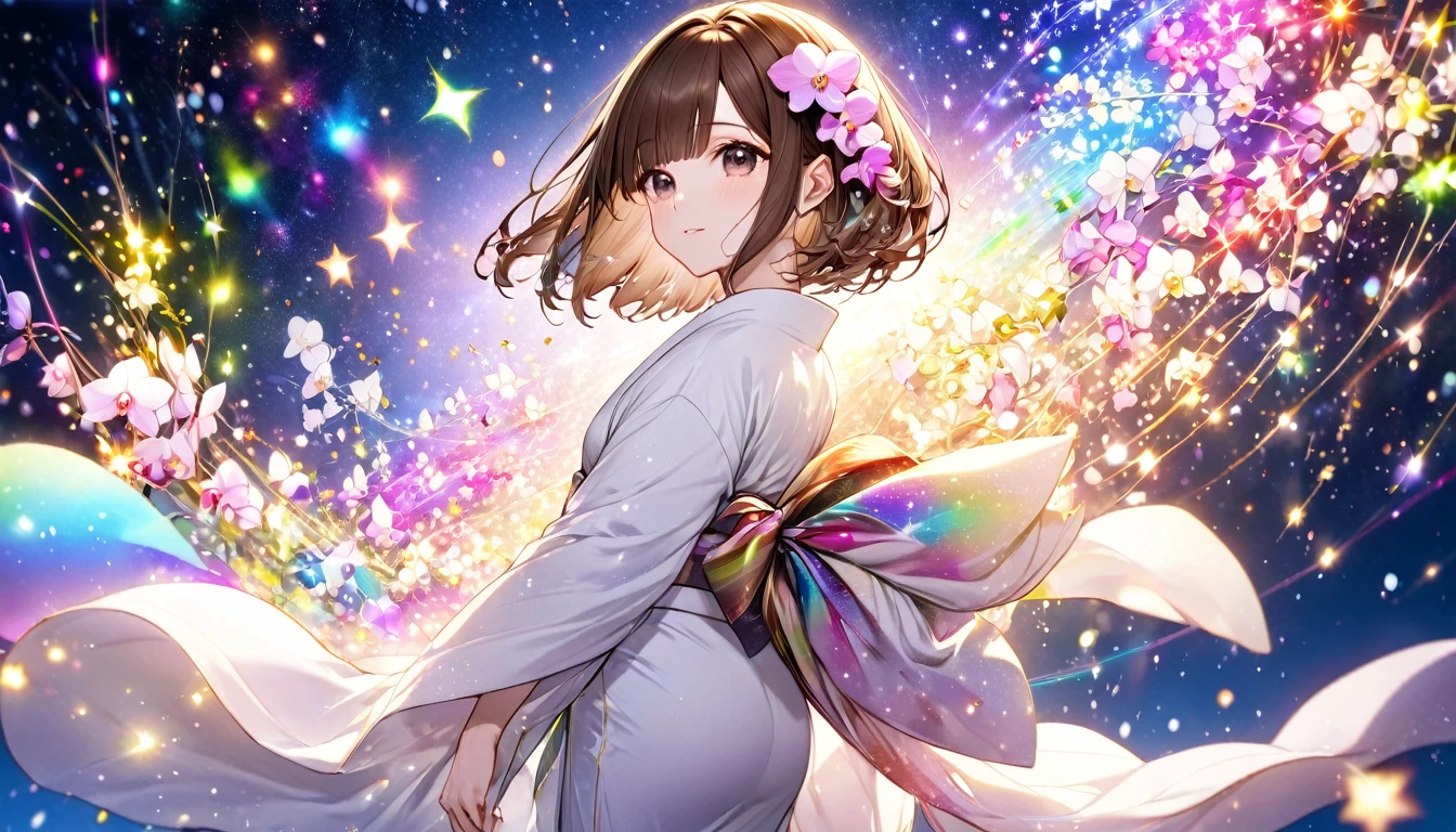 Panorama (At Fukuoka Ranch), Hello, Magic Particles, Particles of light, Some colored stars, In the middle of the night, break, (1. Female, Brown Hair, Bobcut), ((A beautiful white kimono with a phalaenopsis orchid)), (Particles of light, Rainbow gradient), break, Perfect Anatomy, masterpiece, highest quality, 16k.