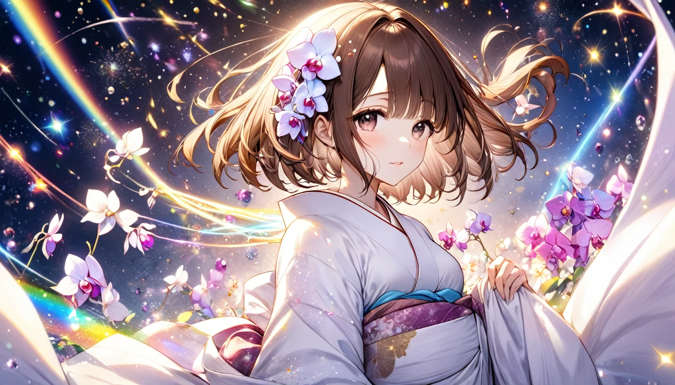Panorama (At Fukuoka Ranch), Hello, Magic Particles, Particles of light, Some colored stars, In the middle of the night, break, (1. Female, Brown Hair, Bobcut), ((A beautiful white kimono with a phalaenopsis orchid)), (Particles of light, Rainbow gradient), break, Perfect Anatomy, masterpiece, highest quality, 16k.