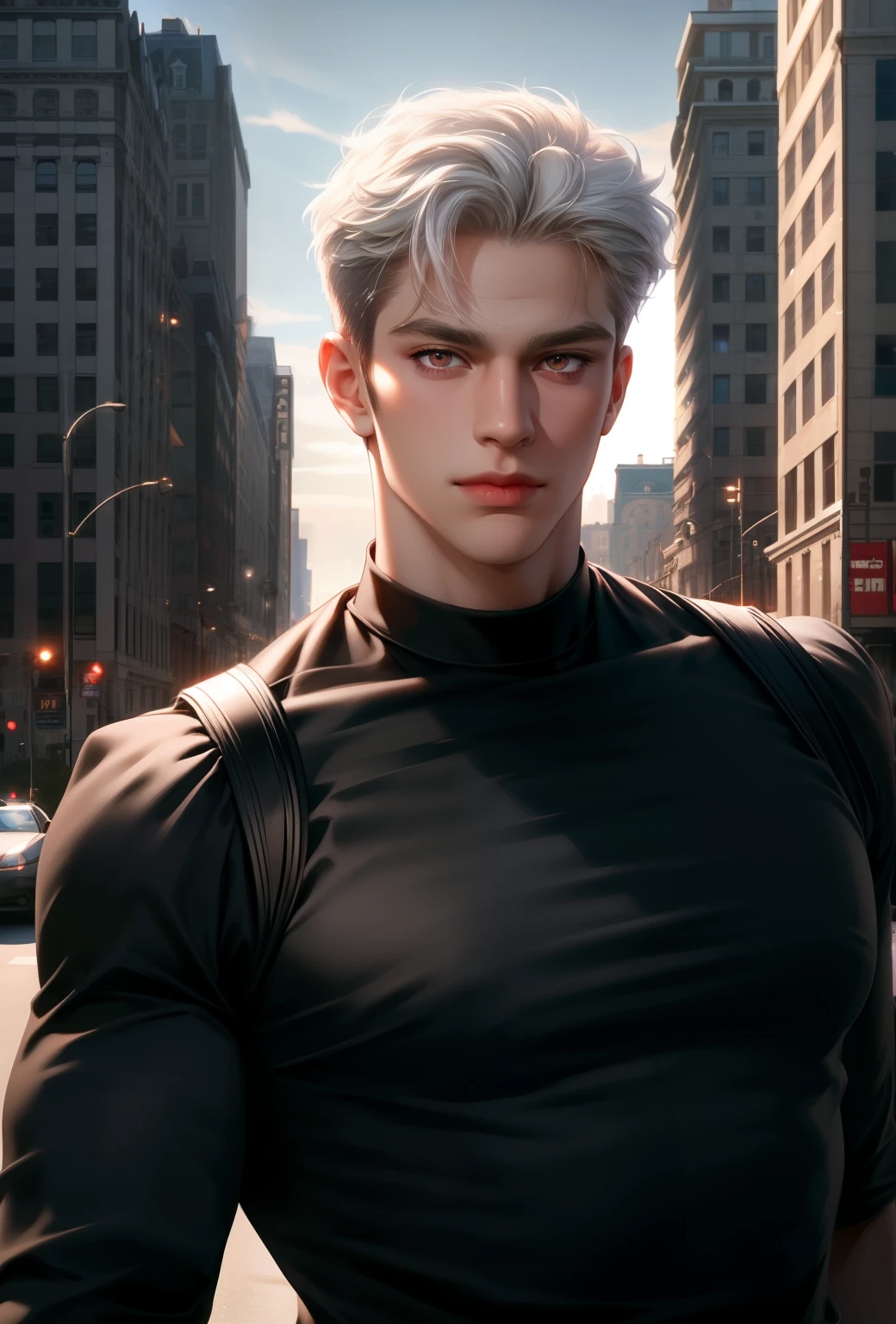 (masterpiece,best quality,ultra_detailed,highres,absurdres),1 mature male, 30-ish, (wide shoulder), (muscular), big body, male focus, solo, red eyes, red eyes color, upper body, short hair, white hair, albino boy, looking at viewer, smile face, parted lips, round eyewear, Masterpiece, high quality, best quality, HD, realistic, perfect lighting, detailed body, 1 man, black shirt, calm expression, in the town background, hand holding a gun, police man, wearing a police