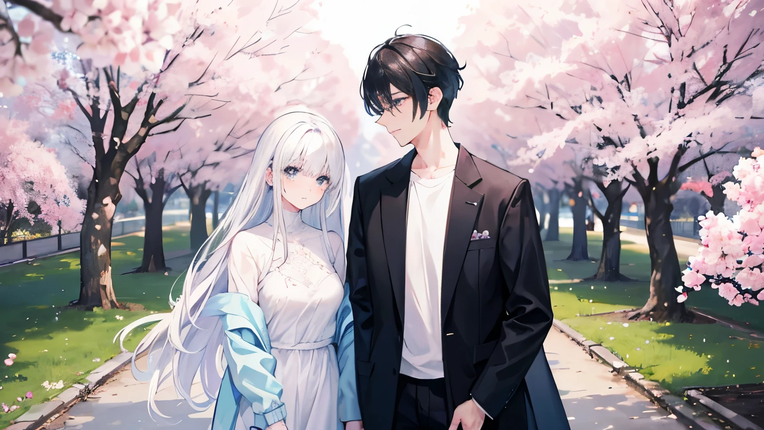 4K photo of a young woman and a 17 year old man A woman with black hair and light blue eyes, a man with white hair and gray eyes, wearing a . Confessing love to each other Under the cherry blossom tree