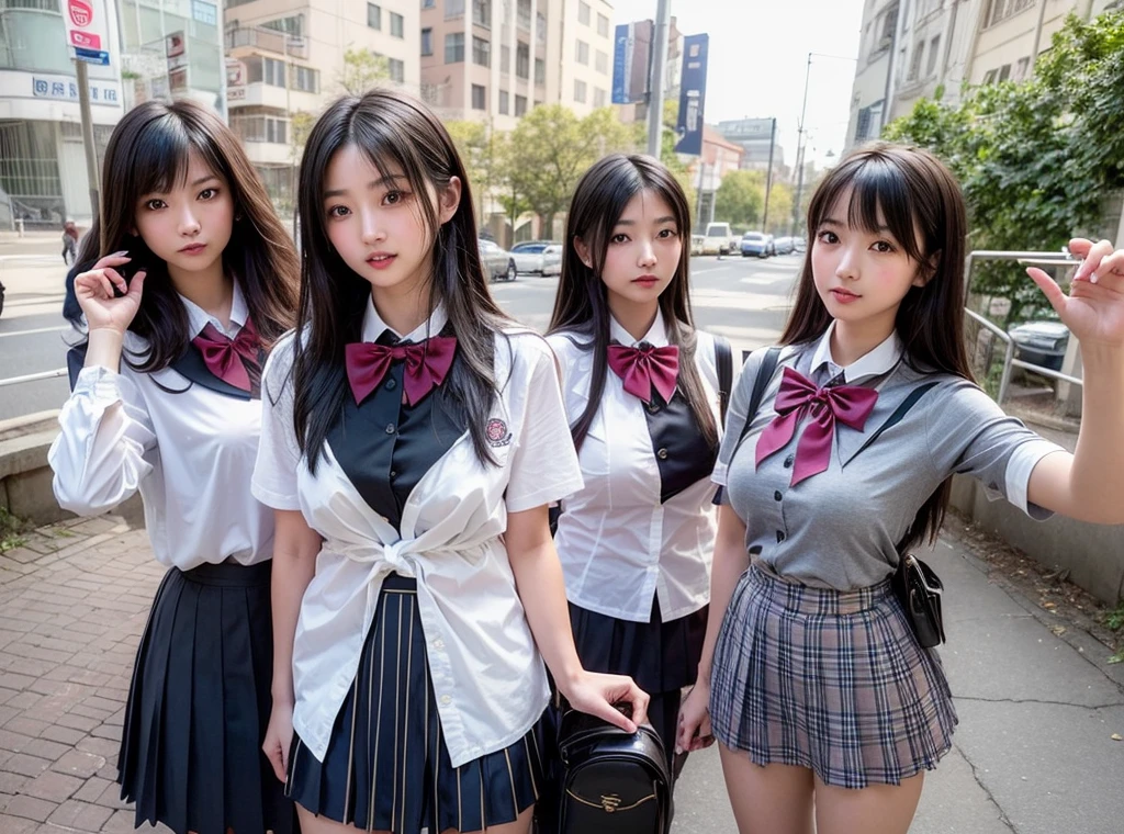 Four girls in uniform are taking a photo, seifuku, With index finger, 8k!, 8k!!, Happy!!!, 🚿🗝📝, SSAO8K, Japanese High School, JK Uniform, 4k Racepost, Post in 4K, Selfie in 8k, 4K!, 最high quality、high quality、Extremely detailed photos、Eye for detail、Super detailed face、Ultra-detailed hair、Ultra-detailed body、8k, Raw photo, masterpiece, High-resolution RAW color photos、Professional close-up photography, Realistic, Photorealism , 最high quality, Best Shadow, Best illustrations, Ultra-high resolution, High-resolution CG integrated physically based renderer, Perfect Anatomy ,The background is blurred , Physically Based Rendering、High Resolution, Browsing Caution, Perfect Legs、Perfect Fingers、Perfect hands、Perfect body、The beauty of symmetry、Beautiful symmetry、Beautiful Teeth、Beautiful Teeth alignment、Japanese people model、Perfect Face,cute, Cowboy Shot , Professional Lighting,Slim face、乳首の谷間が最high quality、8k、masterpiece、Natural Makeup、Lip gloss、Open legs、Seductive posture、Bad Eyes、((Big Breasts:2.0))、((She lifts her skirt to show off her vagina:2.0)),((Uniforms that emphasize the shape of the breasts:2.0))