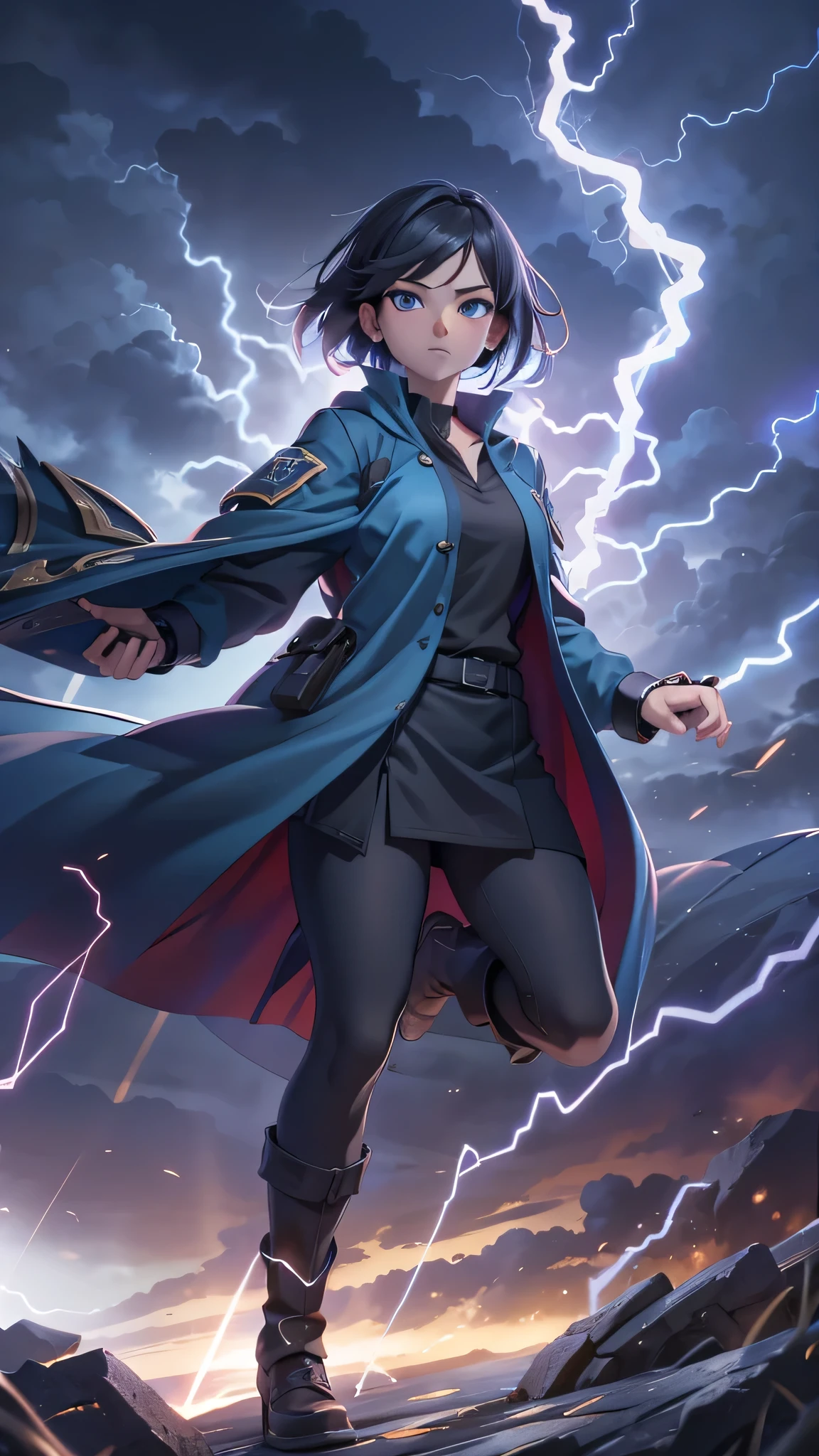 1girl, highly detailed, masterpiece, best quality, correct hands, small breasts, short black hair, blue eyes, black robe, black pants, blue shirt, purple vest, defined curves, smug look, satisfied look, mountain background, storm, lightning, stormy atmosphere, flying, floating above the ground, surrounded by lightning, static sparks, holding a sword