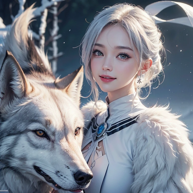 snow mountain、 ((highest quality、masterpiece、8k、best image quality、ultra high resolution、Award-winning work)、(accurate anatomy:1.1)、(look at me and smile:1.1)、Shining fair skin with ultra high resolution、most detailed face、ultra high resolution detailed face、white short hair blowing 、(ultra high resolution shiny eye:1.1)、Beautiful face drawn in every detail、(blurred background:1.1)、warm Inuit clothing, tattoo, real wolfs beside:1.5, praying,
