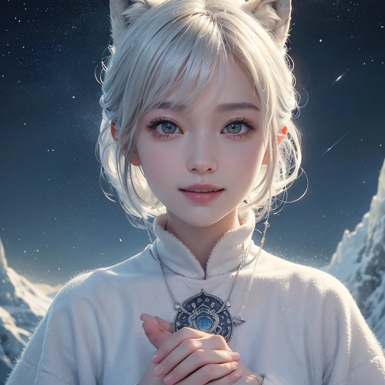 snow mountain、 ((highest quality、masterpiece、8k、best image quality、ultra high resolution、Award-winning work)、(accurate anatomy:1.1)、(look at me and smile:1.1)、Shining fair skin with ultra high resolution、most detailed face、ultra high resolution detailed face、white short hair blowing 、(ultra high resolution shiny eye:1.1)、Beautiful face drawn in every detail、(blurred background:1.1)、warm Inuit clothing, tattoo, real wolfs beside:1.5, praying,