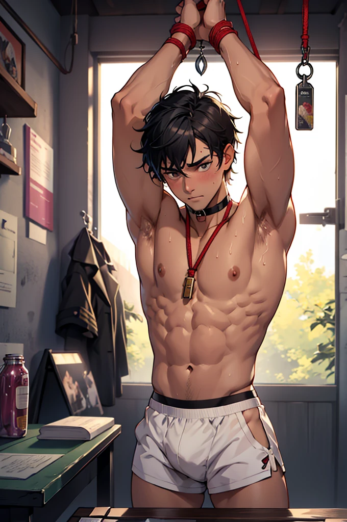 ((highest quality, 8k, Very detailed, Tabletop: 1.3)), basement,20-year-old youth held captive by pervert,My hands are tied、Hanging from the ceiling while raising his arms in a tirade,Look straight ahead,Short black hair,Iris,Handsome like a model, Jockstrap,topless, Sweat vapor, Crying face,Displeased,blush,Lips parted,Stiff resistance, bondage,What is BDSM?,Body bound with rope,Tortoiseshell binding,Inserting a vibrator into the anus,The bulge of the vibrator can be seen through the string panties,Leg spread,choker,Hangman,Lock,High-quality images,High-quality images,Reality,Detailing,Vibrant colors