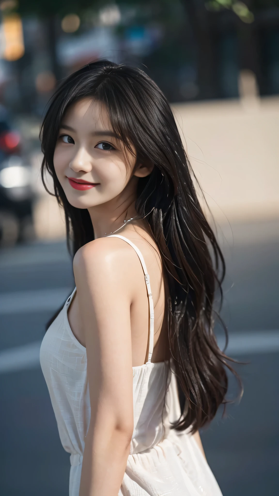 A perfect young female, Chinese,High picture quality,Black hair,Long hair flowing over the shoulders,Blured background, Real Human,CG rendering,16k,depth of field, movie light, Ray tracing, smiles, Close-up shot