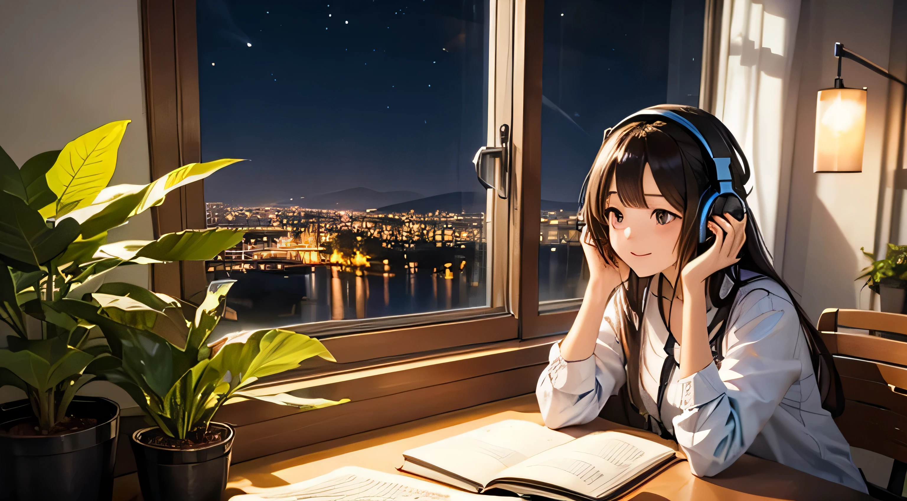 A beautiful girl studying at a desk with headphones on、Night view from the window、Foliage plant、coffee、illumination