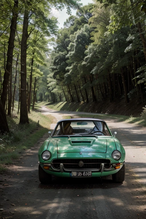 Old school racing car, forest trail, sunny, aesthetic