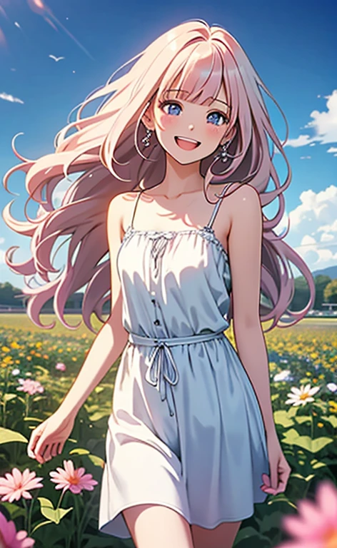 (masterpiece:1.4、top-quality、illustration:,realistic、)、(character focus、,cowboy shot:1.3)、(1girl),(very loud laugh:1.3),(),cute face,blue eyes、(tareme:1.3)、(),
(flower field:1.4),(stand:1.4)、(spin around),、
(pink blonde hair),(very long hair:1.5)、
,(Flower Field:1.3、),(white camisole dress:1.5),
(blunt bangs),(,sidelocks,wavy hair:1.3), (small breasts)、
、slender、