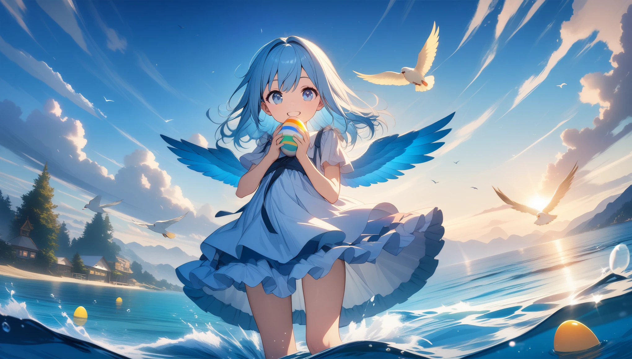 32k, best quality, ultra high res, HDR, UHD, extremely detailed CG, unity 32k wallpaper, A world full of eggs, 16 years old, Holding a rainbow-colored egg in both hands, Very cute girl, Blue Hair, blue eyes, A beautiful and cute blue dress, from the front, A very beautiful sea background, Standing on the water, Particles that glow blue, bird, cloud, Egg with wings, Close your mouth and smile happily, 