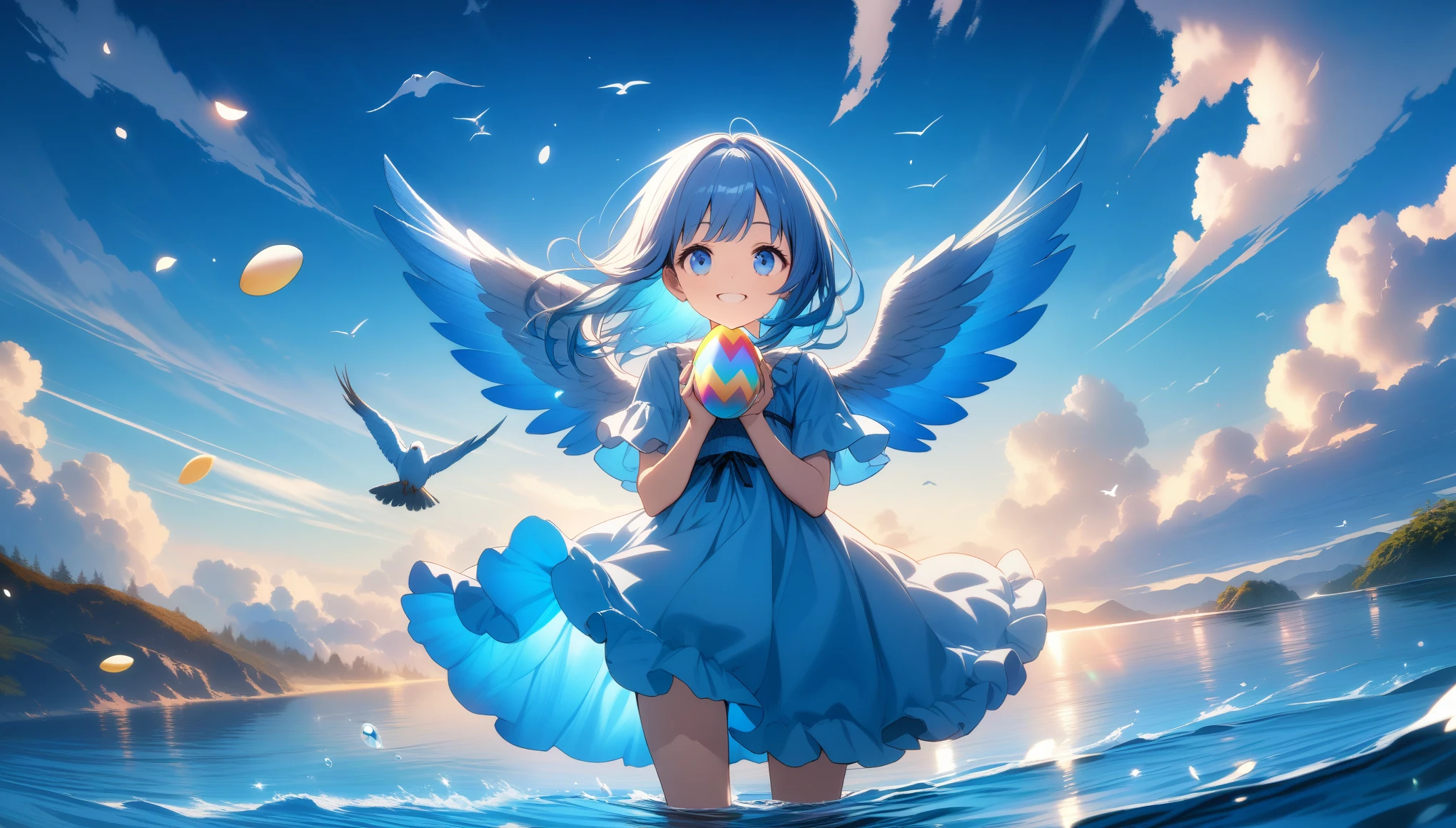 32k, best quality, ultra high res, HDR, UHD, extremely detailed CG, unity 32k wallpaper, A world full of eggs, , Holding a rainbow-colored egg in both hands, Very cute girl, Blue Hair, blue eyes, A beautiful and cute blue dress, from the front, A very beautiful sea background, Standing on the water, Particles that glow blue, bird, cloud, Egg with wings, Close your mouth and smile happily,