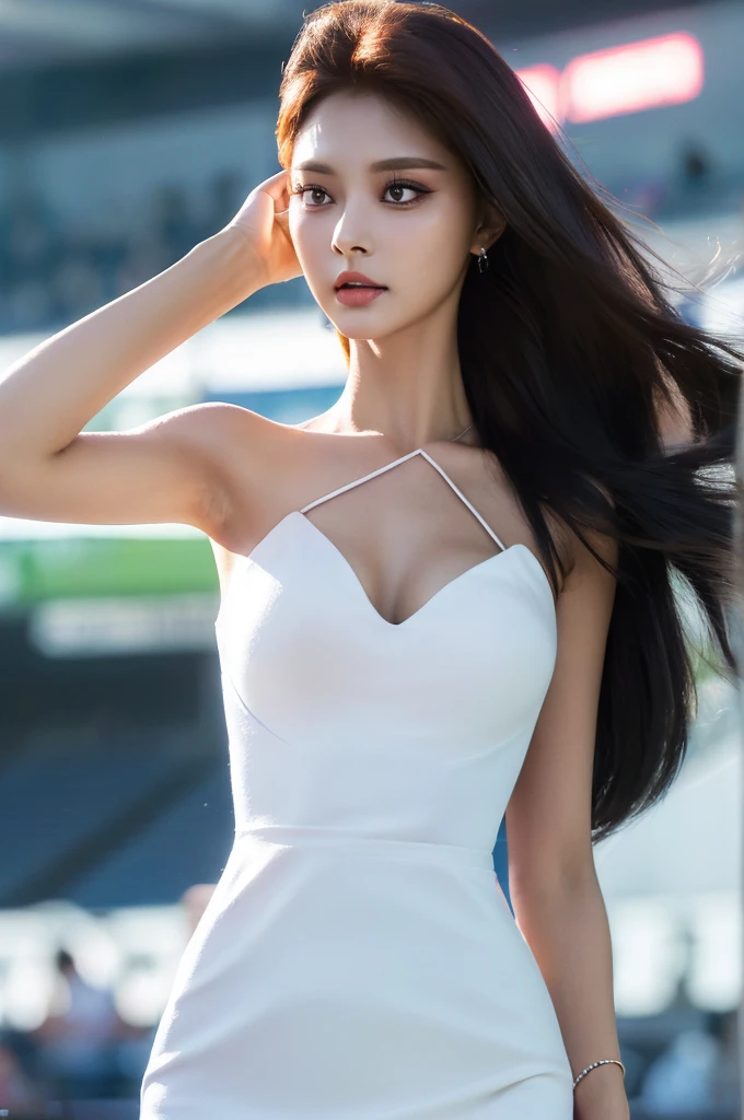 Tzuyu 1, woman, (Realistic), (Hyperrealism), (photoRealistic), Depth of written boundary, eye make up:0.7 (whole body:1.2), (Large Bust),(Tight waist), Watching the audience,In the pits at the racing track, Race Queen, Sexy dress with open shoulders and neckline