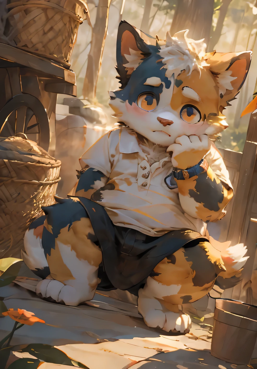 (masterpiece),(Very detailed),(best quality),hairy,Calico cat,Golden fur,white hair,Black pupil,(Ordinary clothes),((Shy expression)),Forest background,8k,(high quality),(Ultra HD),(Ultra Detailed),(Young children),(Juvenile),Perfect sunshine,(Squat),Gaze into the distance,Lying in bed