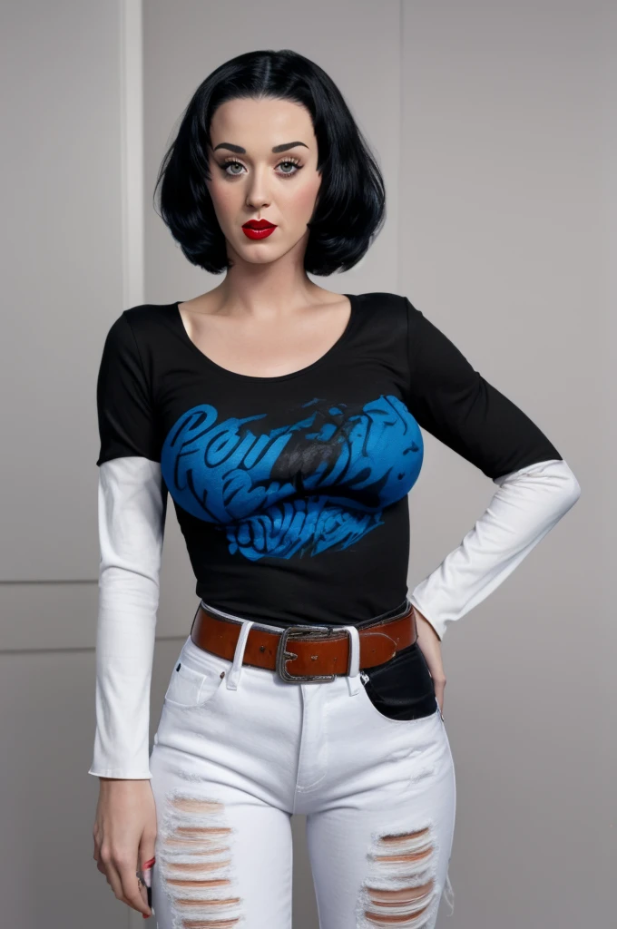 The face of Katy Perry, 1girl, solo, standing, black t-shirt, white shirt, blue jeans, belt, lipstick, large breasts, layered sleeves