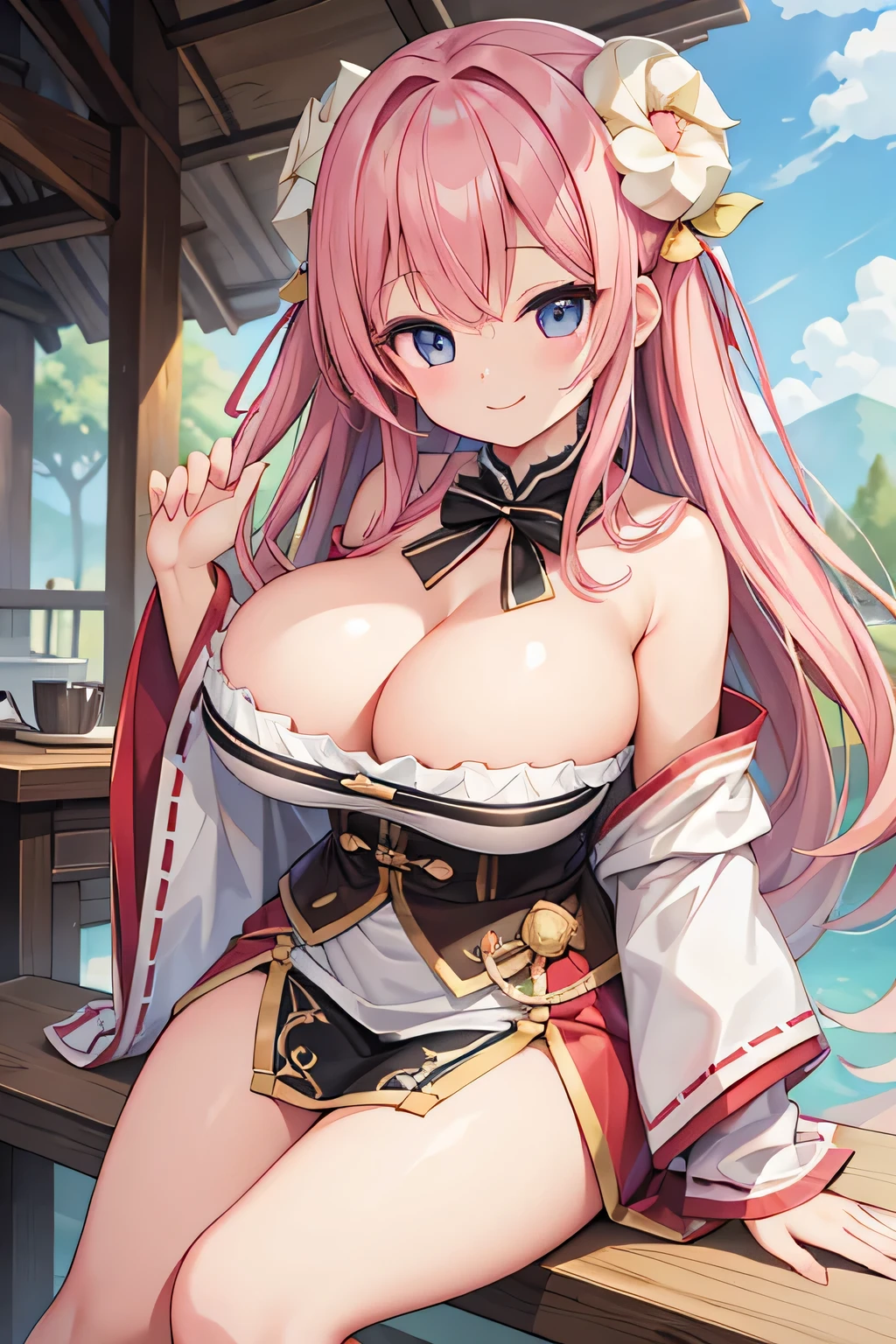 highest quality、smile、Big Breasts、Cleavage、Ram&#39;s horn、clothes、grassland