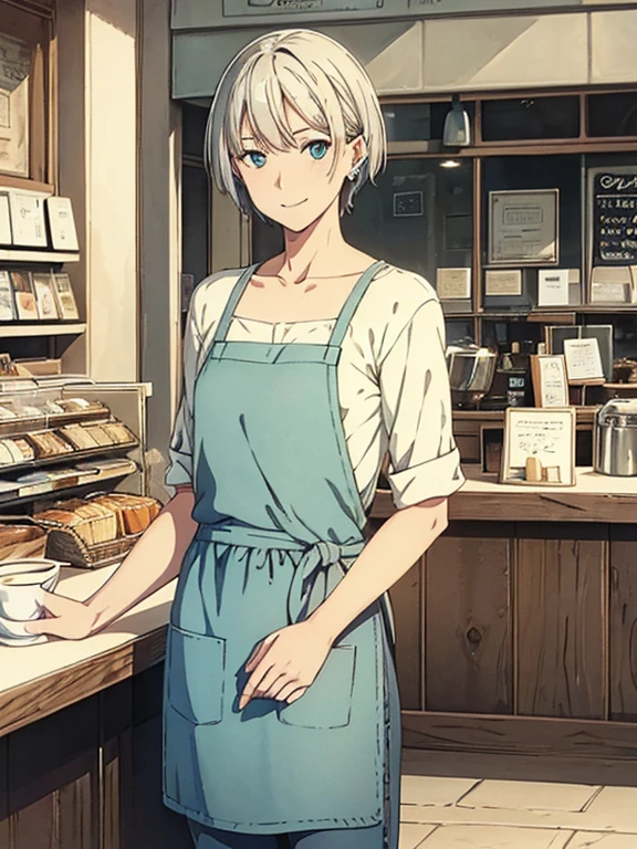 masterpiece, highest quality, High resolution,alone,Silver Hair, Small earrings,short hair, outside,Artistic,An illustration,Line art,Aqua Eye,morning,Best lighting,sun,casual, Pants Style,Flat Chest,watercolor,Beautiful Face,expensive,Woman standing at the counter of a coffee shop,clavicle,Woman in apron,Smile
