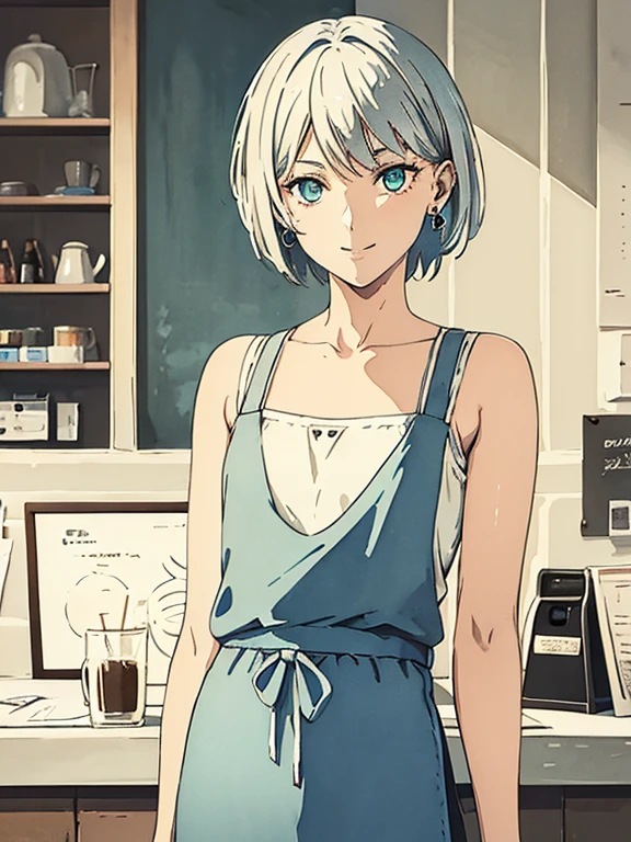 masterpiece, highest quality, High resolution,alone,Silver Hair, Small earrings,short hair, outside,Artistic,An illustration,Line art,Aqua Eye,morning,Best lighting,sun,casual, Pants Style,Flat Chest,watercolor,Beautiful Face,expensive,Woman standing at the counter of a coffee shop,clavicle,Woman in apron,Smile