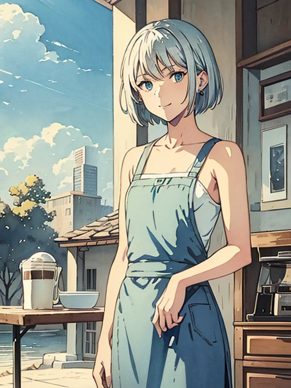 masterpiece, highest quality, High resolution,alone,Silver Hair, Small earrings,short hair, outside,Artistic,An illustration,Line art,Aqua Eye,morning,Best lighting,sun,casual, Pants Style,Flat Chest,watercolor,Beautiful Face,expensive,Woman standing at the counter of a coffee shop,clavicle,Woman in apron,Smile