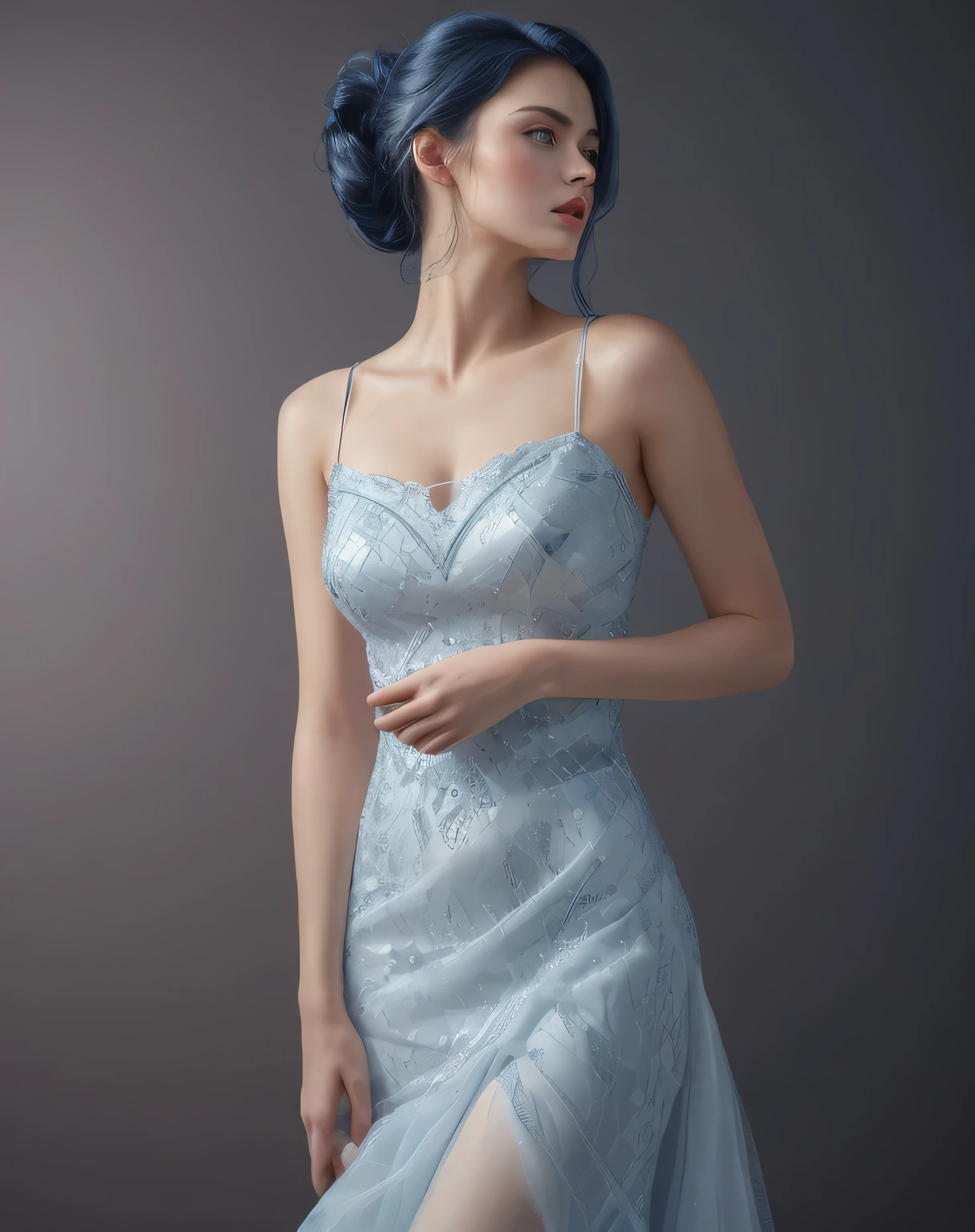 (Quality(Masterpiece, Photo realistic, Hyper realistic, super detail, best lighting)) 1 gorgeous girl (Face Features(Natural beauty, no make up, dark blue hair, diamond blue eyes color, slim face, no wrinkle)) ponytail hairstyle, white tennis dress