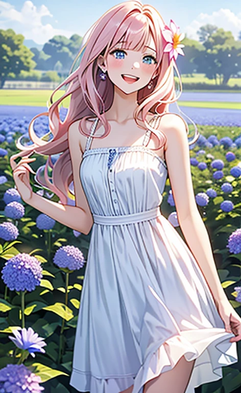(masterpiece:1.4、top-quality、illustration:,realistic、)、(character focus、,cowboy shot:1.3)、(1girl),(very loud laugh:1.3),(),cute face,blue eyes、(tareme:1.3)、(),
(flower field:1.4),(stand:1.4)、(spin around:1.5),、
(pink blonde　hair),(very long hair:1.5)、
,(Flower Field:1.3、),（white camisole dress:1.5),
(blunt bangs),(,sidelocks,wavy hair:1.3), (small )、
、slender、