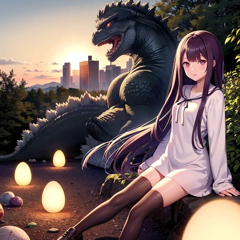 egg,Godzilla,Ai Fukuhara,Purple long hair,Aurora
