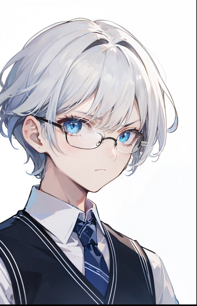 1 man, white background, no background, light blue fashion, no background, light blue eyes, delicate, high quality, facing the viewer, serious expression, white hair, glasses, wearing a vest,