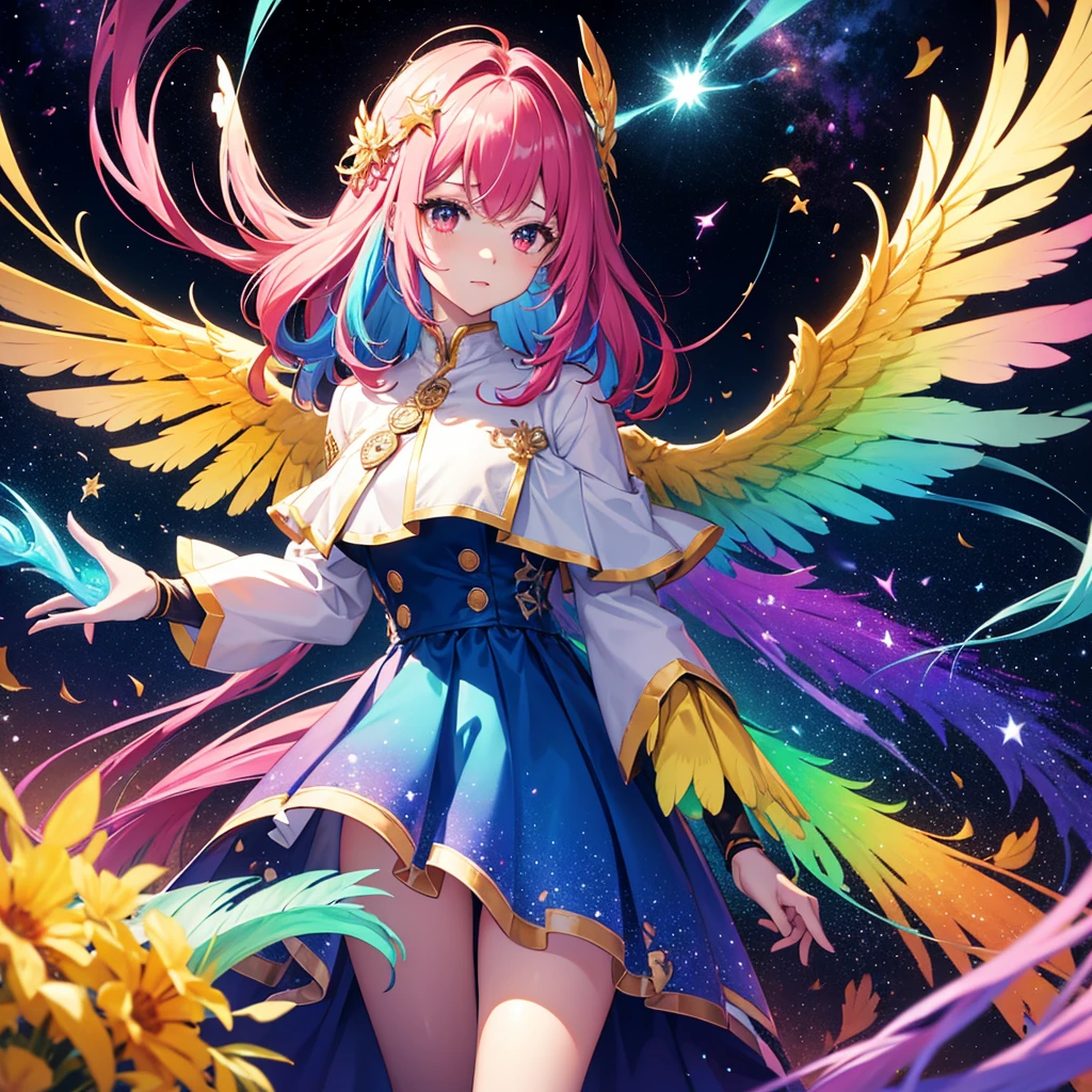 ((Fantasy Rainbow Hair Make your hair rainbow-colored on the inside Long Hair Dull red eyes Have a galaxy uniform Put on a coat without putting your arms through it Wings many times larger than me Lonely despair)) ((Tears gloves)) (Broken glass Distorted Space-Time star) Catch the wind fall Shining Background Particles of light, rainbow-colored edges