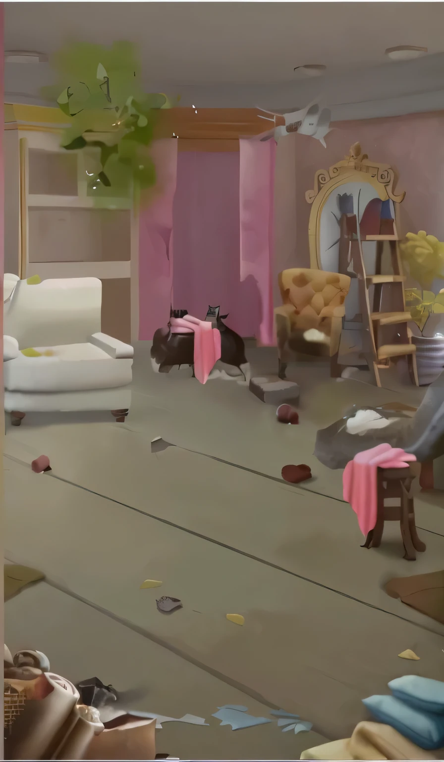 There is a cartoon picture of a cat in the living room, Interior scene, Ultra-detailed scenes, 3 d stylize scene, The room was dirty, Interior Background Art, Random background scenes, find hidden objects, Interior scene, Homicide scene, room of the nameless painter, game illustration, Stylized digital illustration, Internal Screenshots, Screenshots