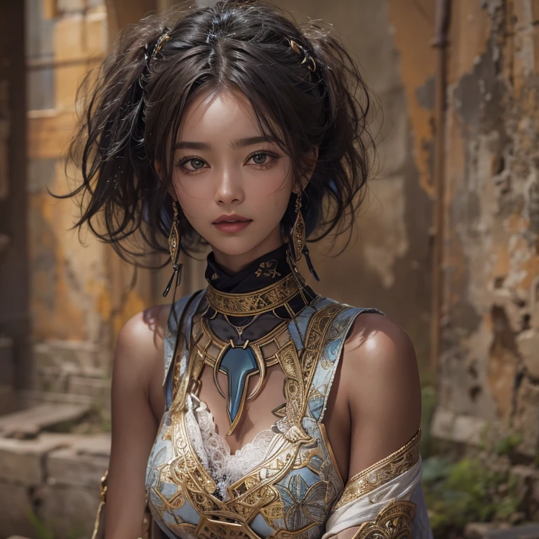 Hiding in the desert、Hair flow、 ((highest quality、masterpiece、8k、Best image quality、Ultra-high resolution、Award-winning works)、(Accurate anatomy:1.1)、(Look at me and smile:1.1)、Shining fair skin with Ultra-high resolution、The most detailed face、Ultra-high resolution detailed face、Ultra-high resolutionの髪の毛、(Ultra-high resolutionの煌めく瞳:1.1)、Beautiful face drawn in every detail、(Blurred Background:1.1)、Ancient Islamic clothing, Chest to Chest, tattoo, Old ruins in the background、Sitting black panther