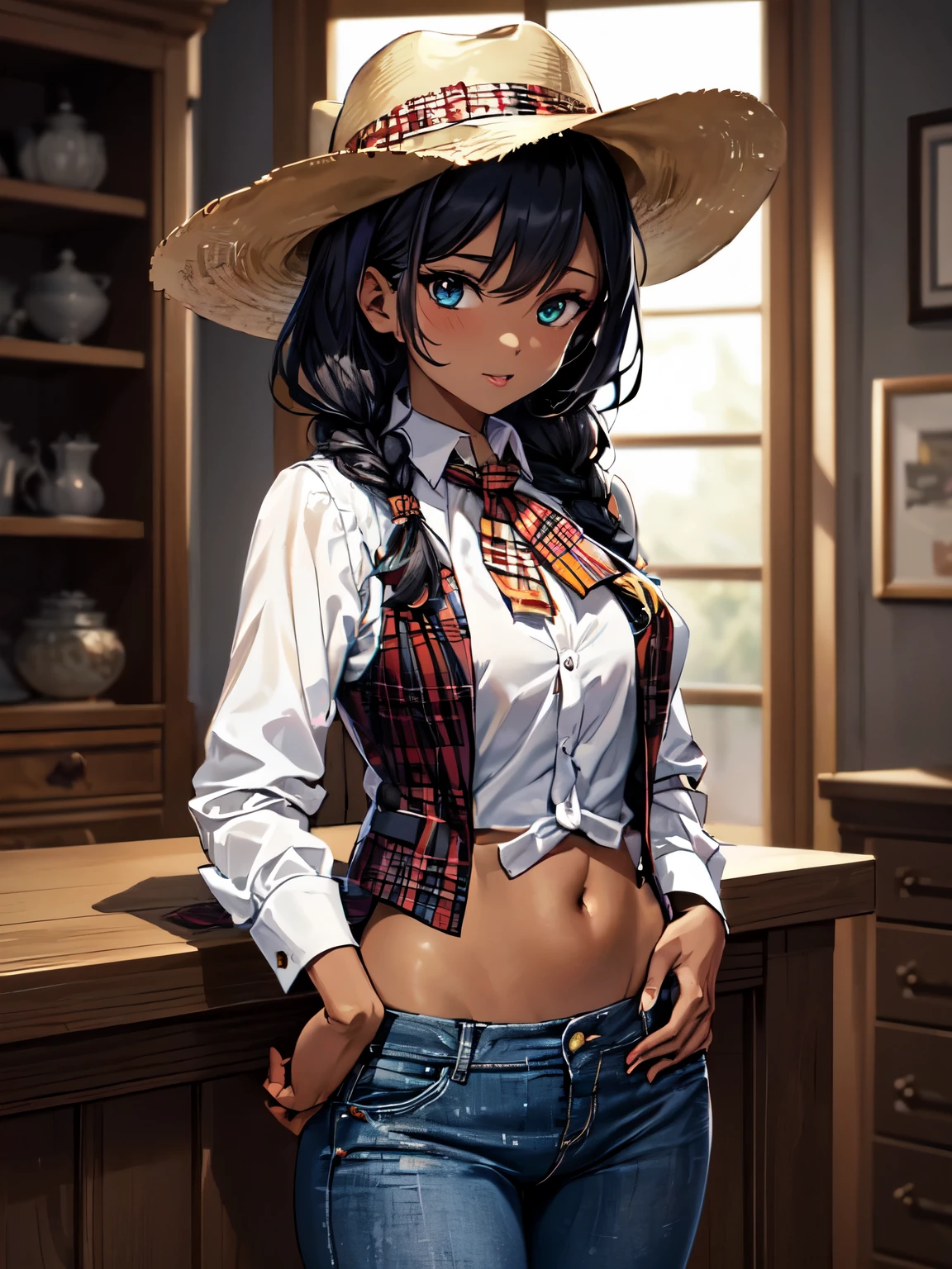 High detail cartoon artwork, extremely attractive female cowboy, loose plait, african american,  classic cowboy outfit. wide-brimmed hat, a decorative bandana, a fitted vest over a plaid shirt, well-fitted jeans. confident and playful, one hand casually resting on her hip and the other tipping her hat. bimbo aesthetic, dark skin