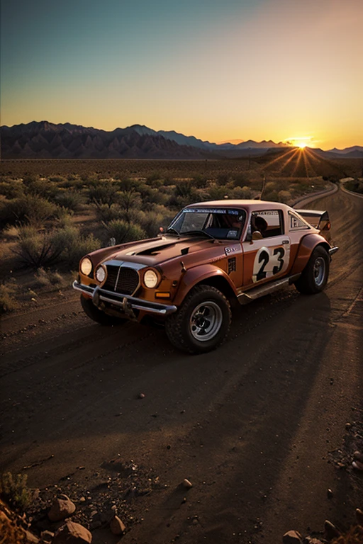 Old school racing car, desert trail, sunset, drifting, aesthetic