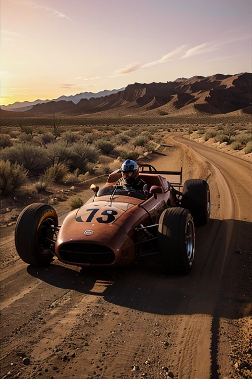 Old school racing car, desert trail, sunset, drifting, aesthetic