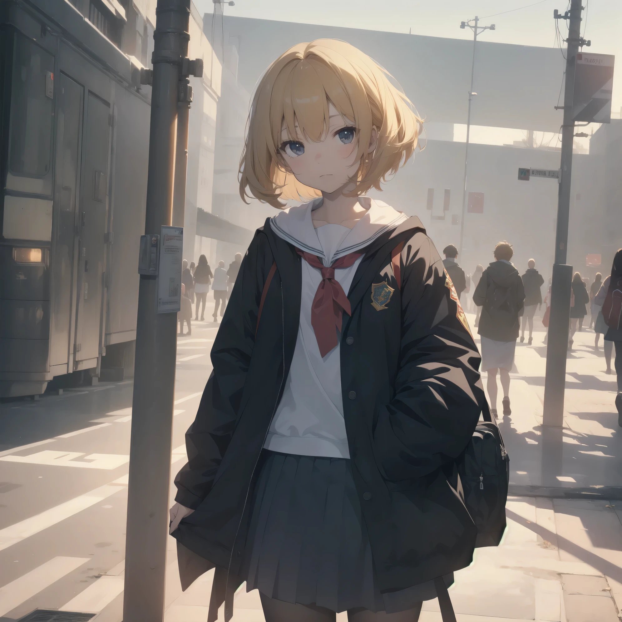 ultra-absurdres-Top quality by artist God, ultra-detailed, high resolution, anime moe artstyle, best anime 8k konachan wallpaper, pixiv contest winner, pool:2810, perfect anatomy,break, 1girl, (Please draw a girl walking sleepily to school alone. )break,(Solo,little female, 13-year-old:1.3),Full limbs, complete fingers,a junior high school student, (very short hair), short cut, flat chest, , small butt, small black eyes, beautiful detailed eyes, well-proportioned iris and pupils, expressive eyes, highres detailed hair, soft expression, salor school_uniform, sailor collar, serahuku, bow, pleated skirt,(Detailed Lighting), (Detailed background), in the School commute route. break,super detailed skin, Best cinematic lighting powered by famous artist, 8k,beauty illustration,photoshop_(medium),very aesthetic,break,((artist:clamp )), artist:ningen mame ,artist:carnelian ,artist:kantoku ,